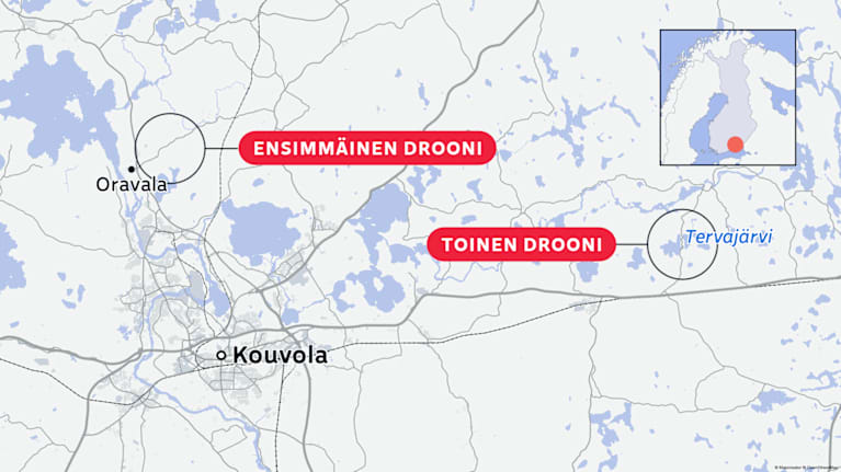 A map highlighting the locations of Oravala, Kouvola, and Tervajärvi in southeastern Finland, with marked labels indicating the positions of two drones.
