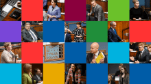 Ruudukossa kuvia kansanedustajista eduskunnan suuressa salissa pitämässä puheita ja seuraamassa istuntoa.