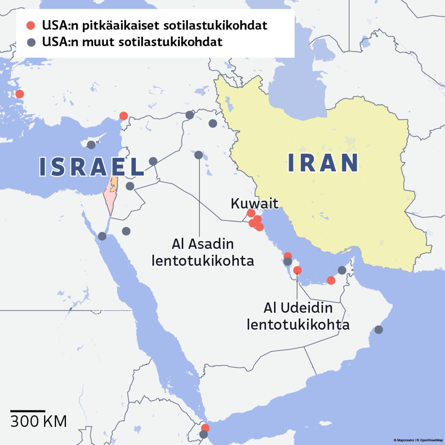 Map showing the middle East, with focus⁤ on Iran, Israel and surrounding countries