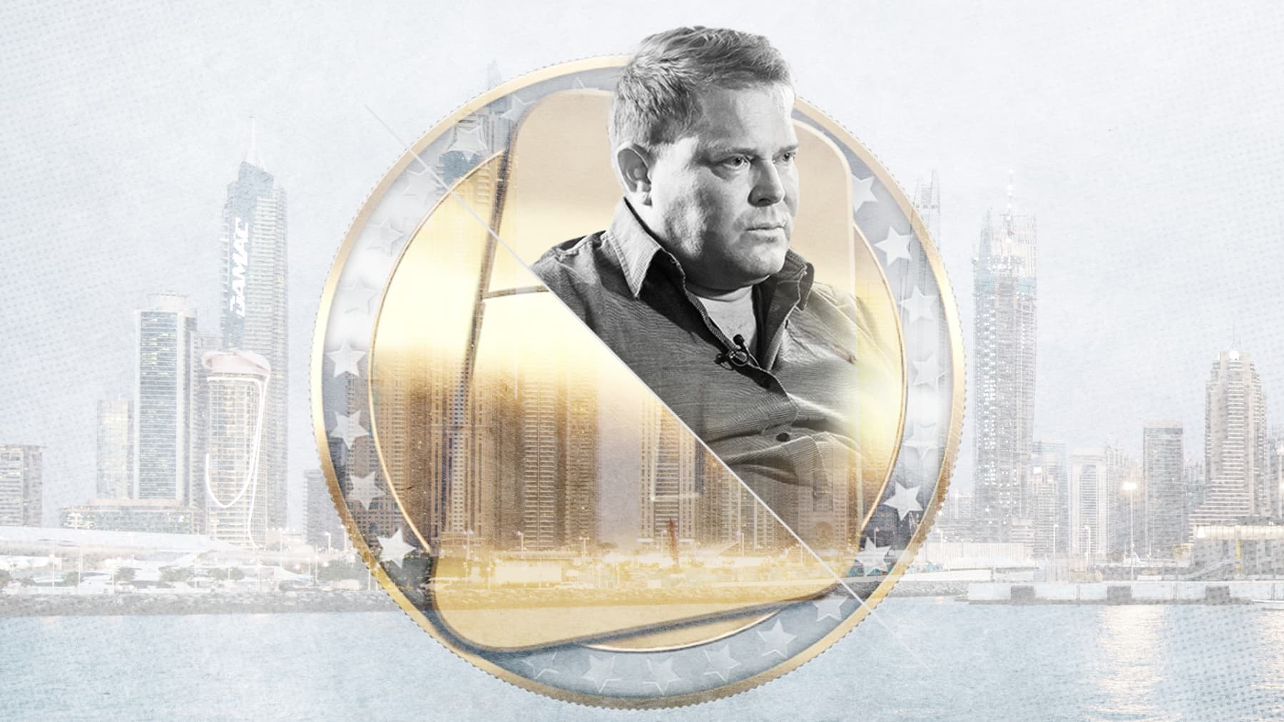 Kuvakollaasi, jossa näkyy Dubain kaupunki, Onecoinin logo sekä Kari Wahlroos.