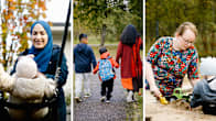 Kuvakollaasi kolmesta kuvasta. Lama Kourdi keinuttaa tytärtään ulkona. Sharmin Afrose kävelee ulkona lastensa kanssa. Candace Lindholm poikansa kanssa hiekkalaatikolla.