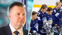 Kuvaparissa Jääkiekkoliiton puheenjohtaja Harri Nummela ja pettyneitä naisleijonien pelaajia.