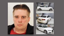 Rikoksesta epäilty ja hänen autonsa Poliisin ottamissa kuvissa