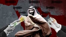 Kuvakollaasi sotaisasta ja verisestä Lähi-Idän kartasta, Saudi-Arabian prinssi Muhammad  bin Salmanista ja käsistä ojentamassa prinssille rahaa.