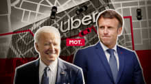 Kuvakollaasi: Joe Biden ja Emmanuel Macron, taustalla Uber-yhtiön toimitila ja tiekarttaa