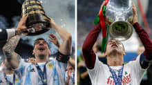 Lionel Messi nostamassa Copa América -pokaalia ja Cristiano Ronaldo nostamassa EM-pokaalia.
