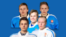 Nuoruudenkuvat Roope Hintz, Sebastian Aho, Jesse Puljujärvi, Mikko Rantanen ja Patrik Laine.