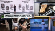 Kuvakaappaukset, joissa näkyy Rossija 24 ja RT -kanavilta ollutta materiaalia, jossa väitetään olevan suomalaisia vakoojia.