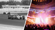 Yhdistelmäkuvassa kilpailukuvaa Las Vegasin 80-luvun Grand Prixistä ja Red Bullin vuoden 2023 tilaisuudesta.