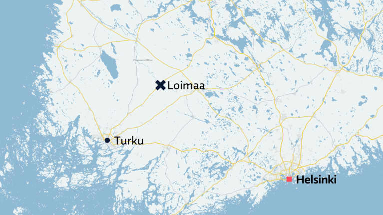 Map of southern Finland showing Turku, Loimaa and Helsinki.