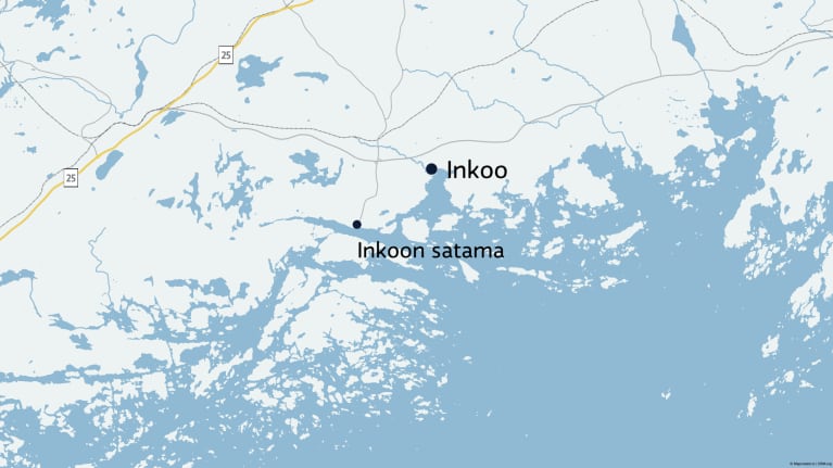 Kartta johon merkitty Inkoo ja Inkoon satama.