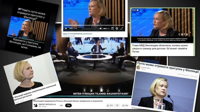 Kollaasin taustalla on A-Talkin lähetyksestä otettu kuvakaappaus Youtubesta, ja kuvan päällä on viisi muuta kuvakaappausta Mari Rantasesta erilaisissa sosiaalisissa medioissa.