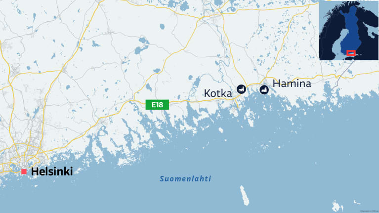 Kotkan ja Haminan akkumateriaalitehtaiden sijainnit kartalla.