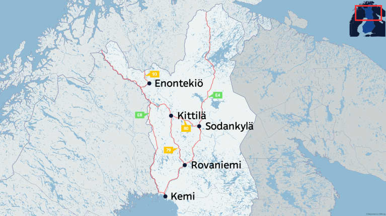 Karttagrafiikka Suomen Lapista, jossa on punaisella merkittyjä teitä.