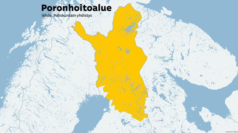 Pohjois-Suomen kartta, johon merkitty poronhoitoalue.