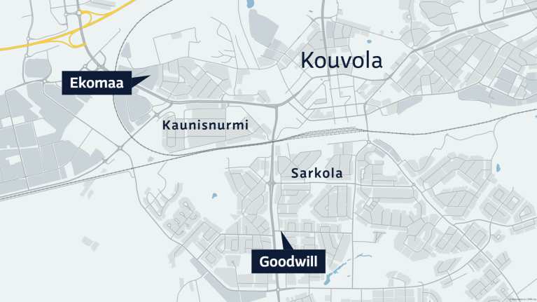 Kartta Kouvolan kantakaupungista, jossa merkittynä Ekomaa ja Goodwill sekä Kaunisnurmi ja Sarkola.