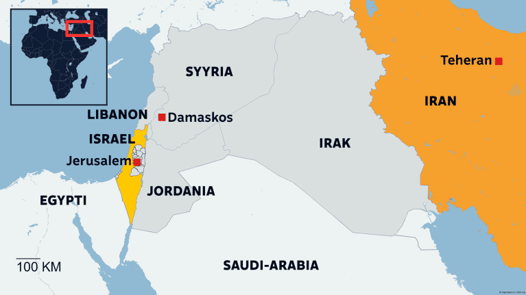 Laaja kartta missä näkyy Iranin ja Israelin etäisyys.