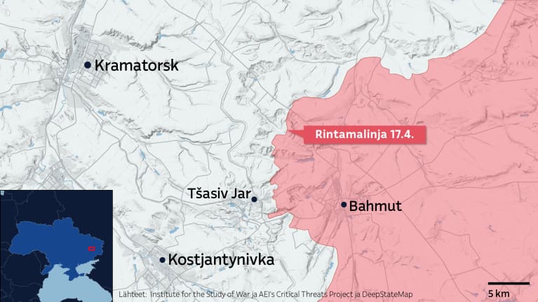 Kartalla rintamalinja 17.4.2024 Tšasiv Jarin ja Bahmutin alueella Ukrainassa.