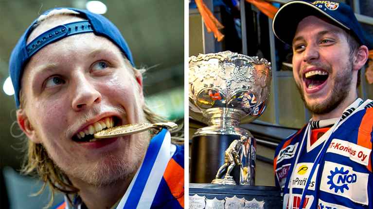 Kuvayhdistelmässä Patrik Laine mitali hampaiden välissä ja Jukka Peltola pitelemässä Kanada-maljaa.