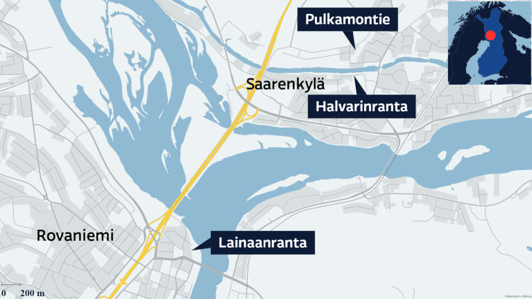 Kartta jossa näkyy Rovaniemen tulvasuojelukohteiden sijainteja.