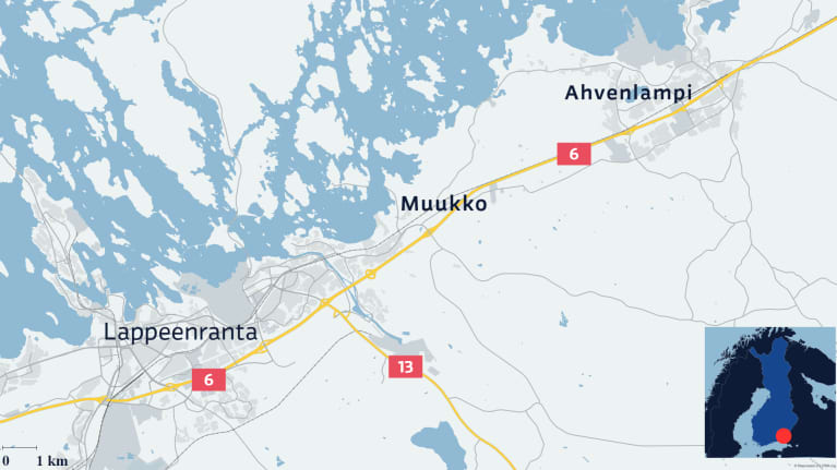 Muukon ja Ahvenlammen kylät Lappeenrannan kartalla 6-tien varressa.