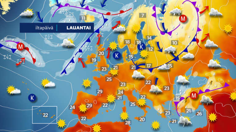 Korkeapaine vahvistuu Länsi-Eurooppaan, lämmintä ilmaa virtaa pohjoisemmaksi.