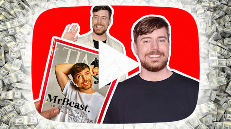 Hymyilevä mies punaisessa näytössä, sama mies Times-lehden kannessa taustallaan setelirahoja.