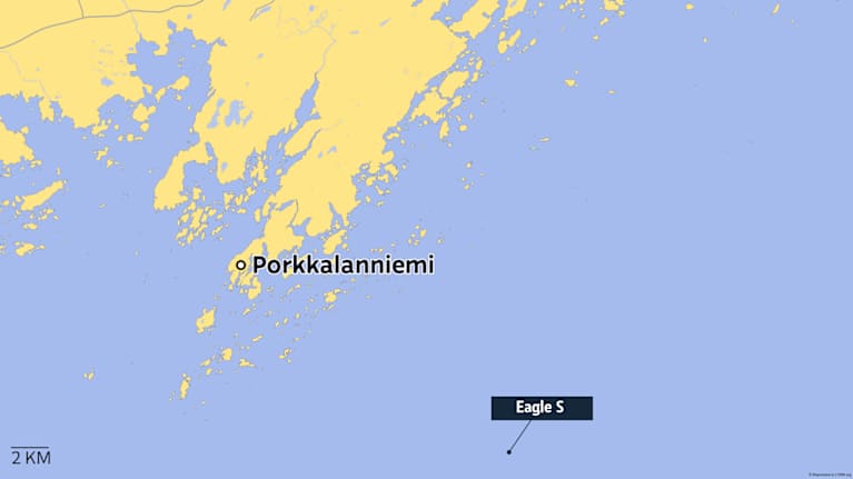 Eagle S -öljytankkerin sijainti lähellä Porkkalanniemeä.