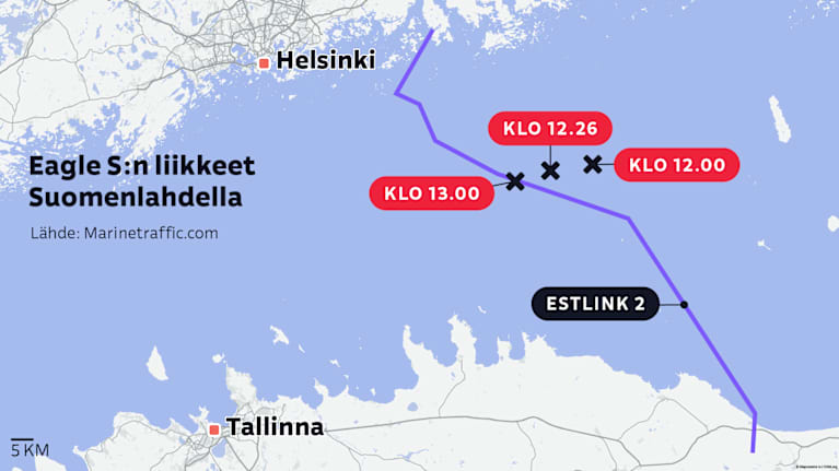 Eagle S -laivan liikkeet ESTLINK2-kaapelin lähellä kaapelivaurion aikaan merkittynä kartalle.