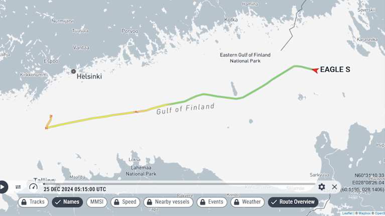 Kartalla näkyy  Eagle S -öljytankkerin reitti Suomenlahdella.