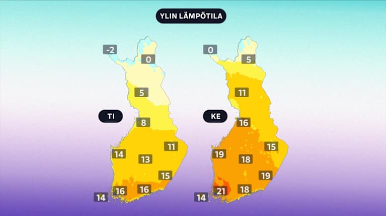 Tiistain ja keskiviikon lämpötilat.