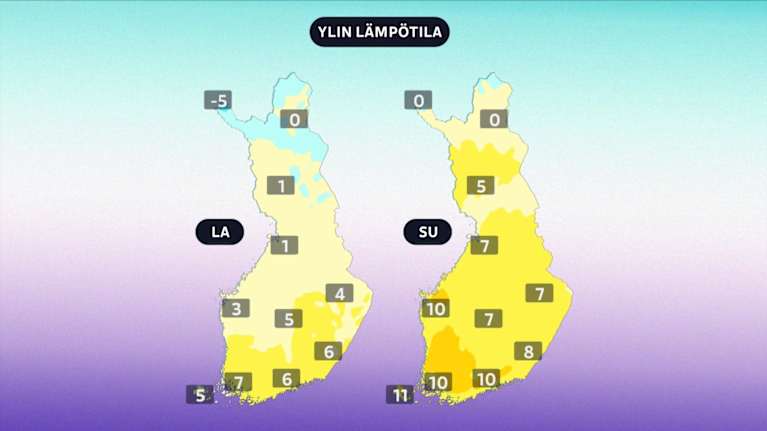 Lauantain ja sunnuntain lämpötilat.