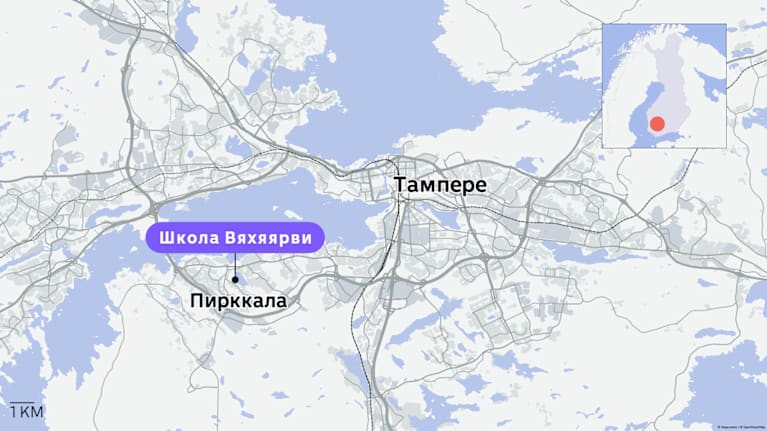 Kartta, joka näyttää Pirkkalan kunnan ja Vähäjärven koulun sijainnin lähellä Tampereen kaupunkia.