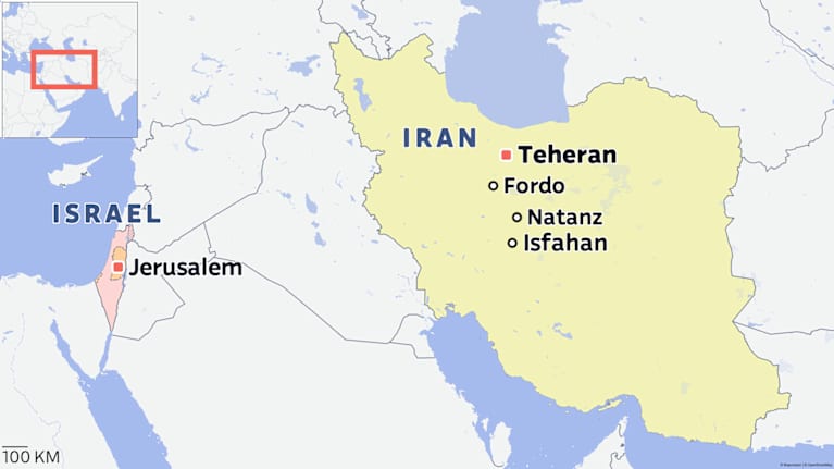 Kartta, joka näyttää Israelin ja Iranin alueet. Israelissa on merkitty Jerusalem, ja Iranissa on merkitty Teheran, Fordo, Natanz ja Isfahan. 