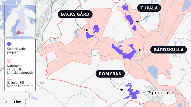 Kartan visar de fyra största solkraftsprojekten som är på gång i Sjundeå.