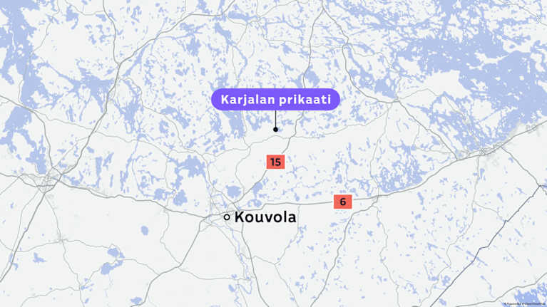 The map shows Kouvola and the Karelia brigade to the north of it. Roads 15 and 6 are also marked.