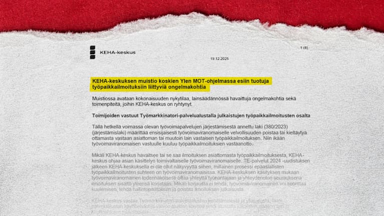 Ote KEHA-keskuksen asiakirjasta, jossa mainitaan: "KEHA-keskuksen muistio koskien Ylen MOT-ohjelmassa esiin tuotuja työpaikkailmoituksiin liittyviä ongelmakohtia."