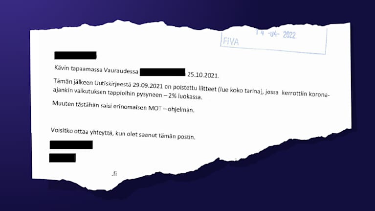 Revinnäinen Fivaan lähetystä sähköpostista.