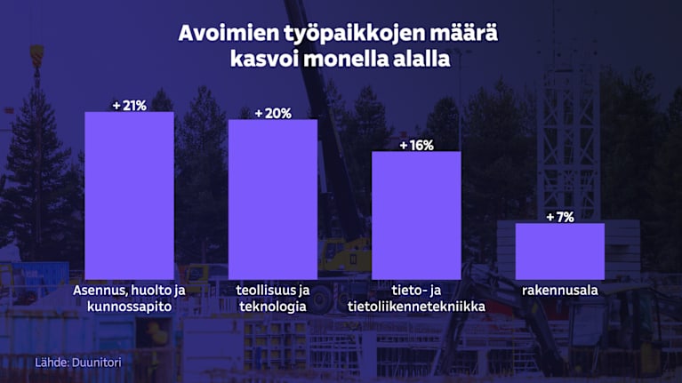 Pylväs diagrammi avoimien työpaikkojen määrän kasvusta neljällä eri alalla.