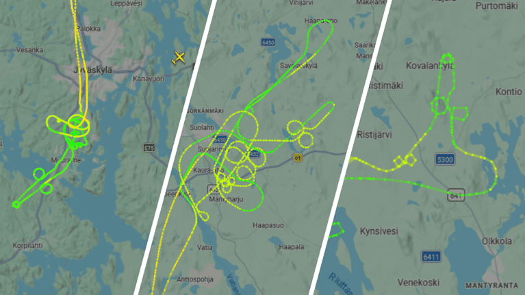 Three map images side by side, showing flight paths that resemble penises.