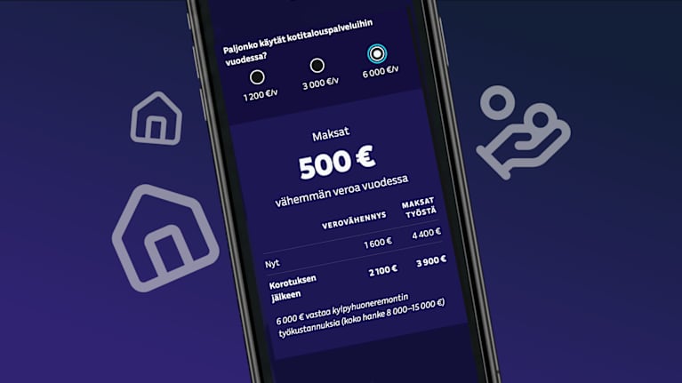 Matkapuhelimen näytöllä havainnollistetaan kotitalousvähennyksen vaikutusta verotukseen.