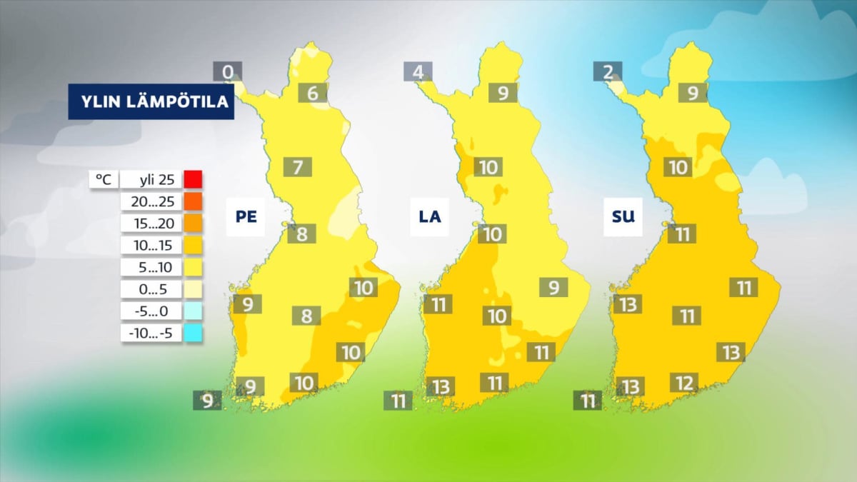 Viikonlopun ylimmät lämpötilat kartalla.