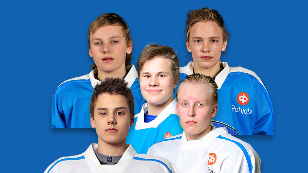 Nuoruudenkuvat Roope Hintz, Sebastian Aho, Jesse Puljujärvi, Mikko Rantanen ja Patrik Laine.