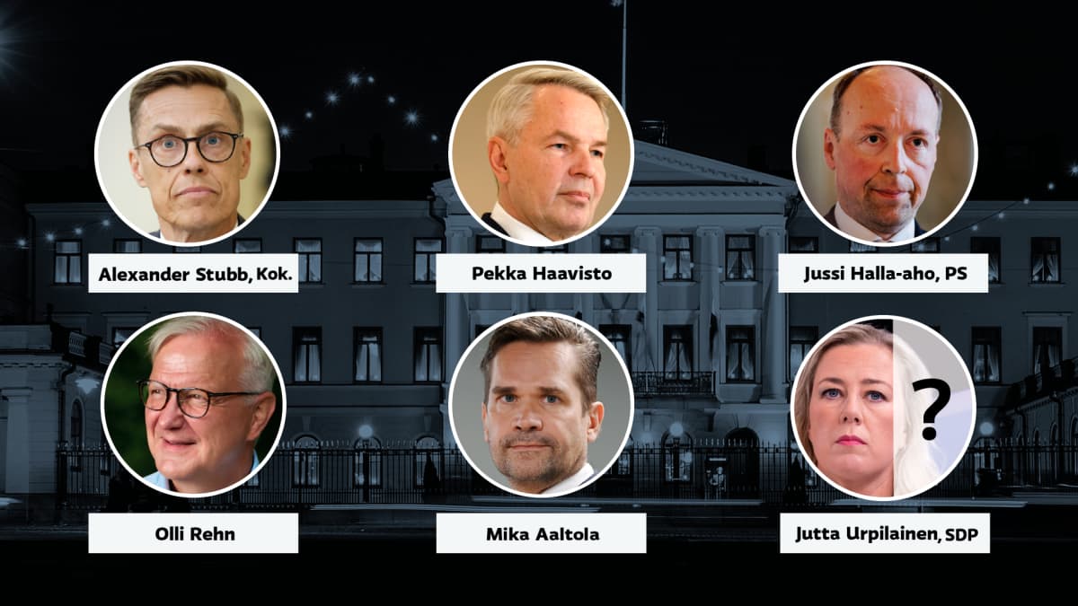 Kuvassa Alexander Stubb, Pekka Haavisto, Mika Aaltola, Olli Rehn, Jussi Halla-aho ja Jutta Urpilainen.