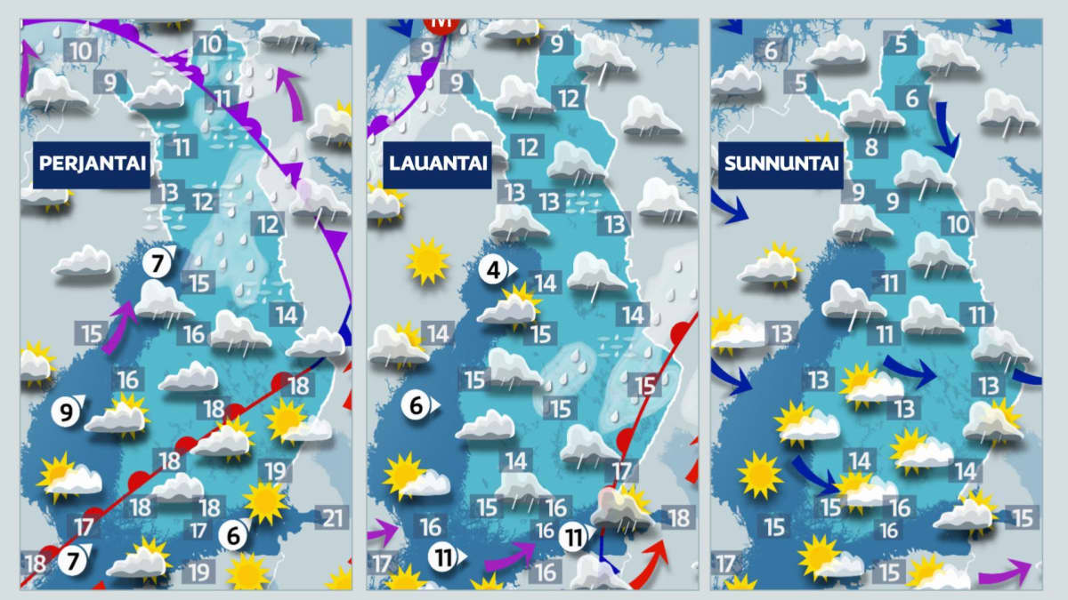 Kuvassa näkyy perjantain, lauantain ja sunnuntain sääkartat.