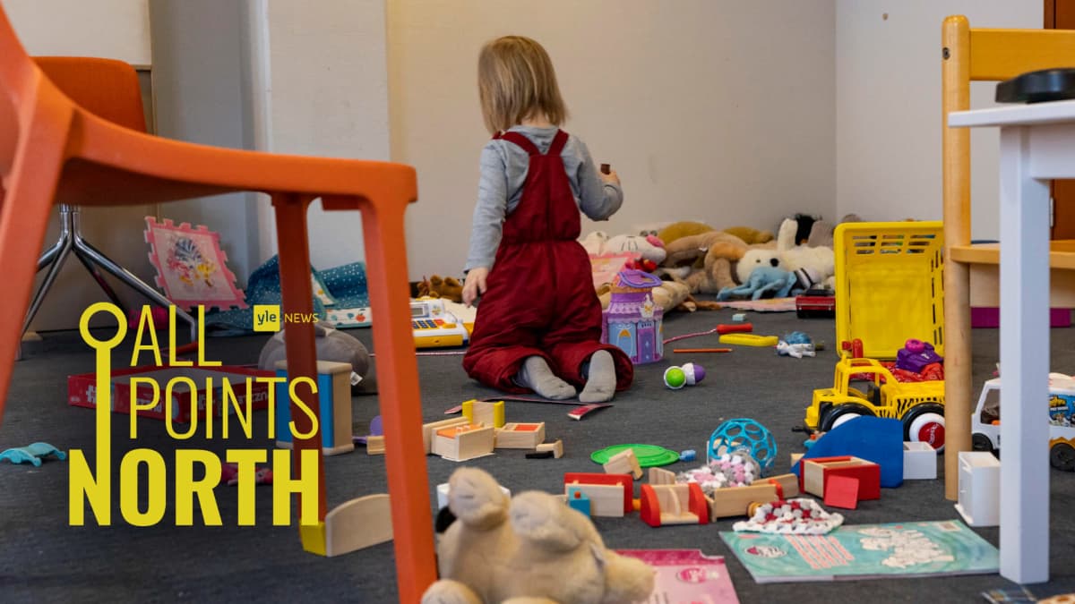 A Ukrainian child at a reception centre in Espoo, featuring the All Points North podcast logo.