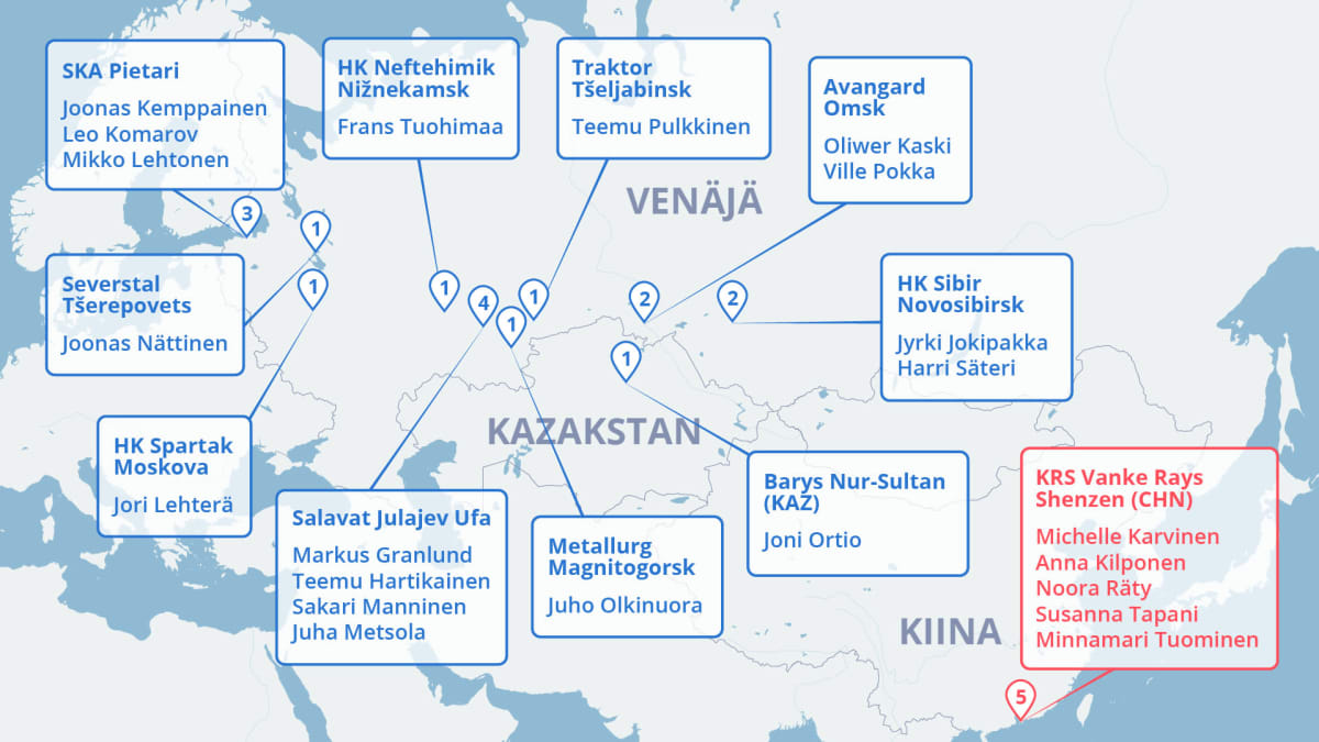 Venäjän jääkiekkoliigajoukkueiden ja suomalaispelaajien sijainnit kartalla