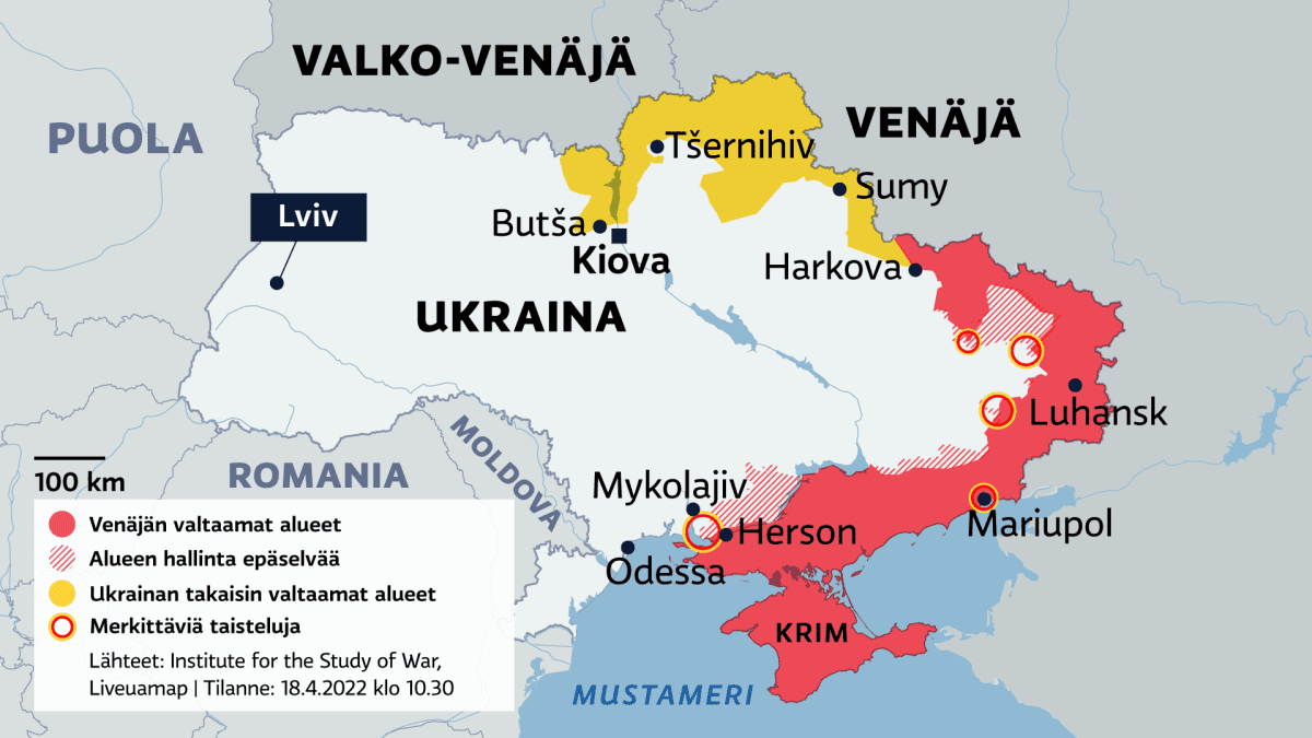 Ukrainan kartta missä näkyy Venäjän valloittamat alueet ja mm.  Lvivin kaupungin sijainti.