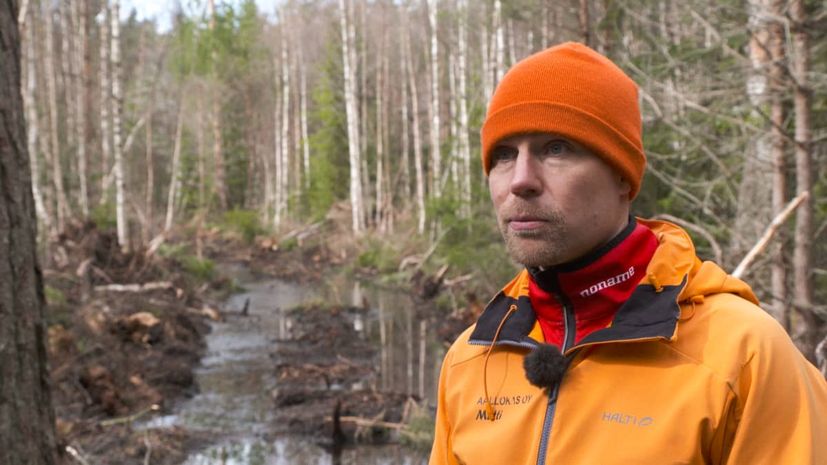 Matti Aalto, takana metsä ja ojaa.