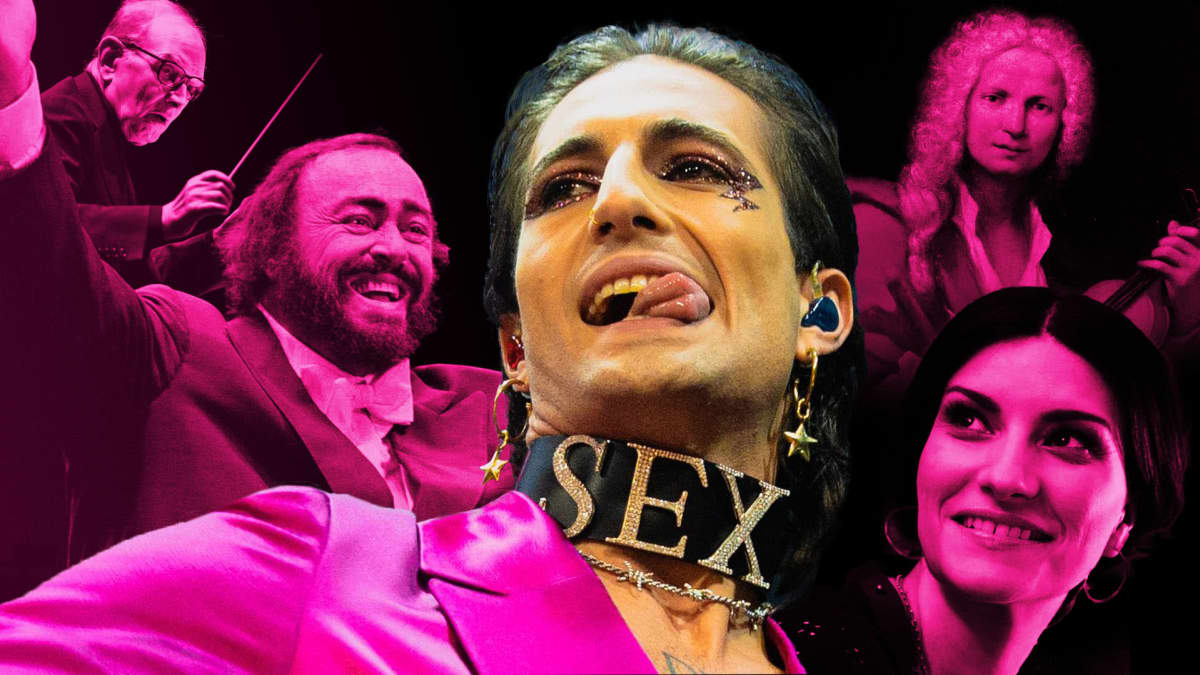 Kuvakooste: Morricone, Pavarotti, Måneskin, Vivaldi ja Pausini.